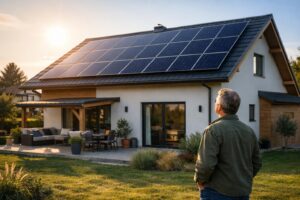 Muškarac gleda kuću sa solarnim panelima na krovu