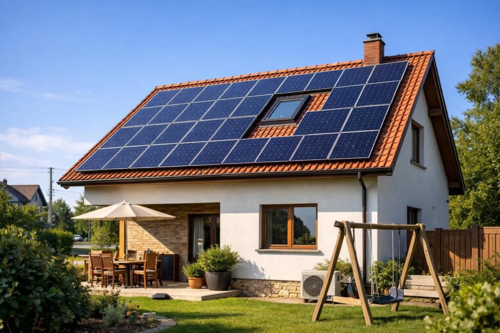 Kuća sa solarnim panelima na krovu i dvorištem