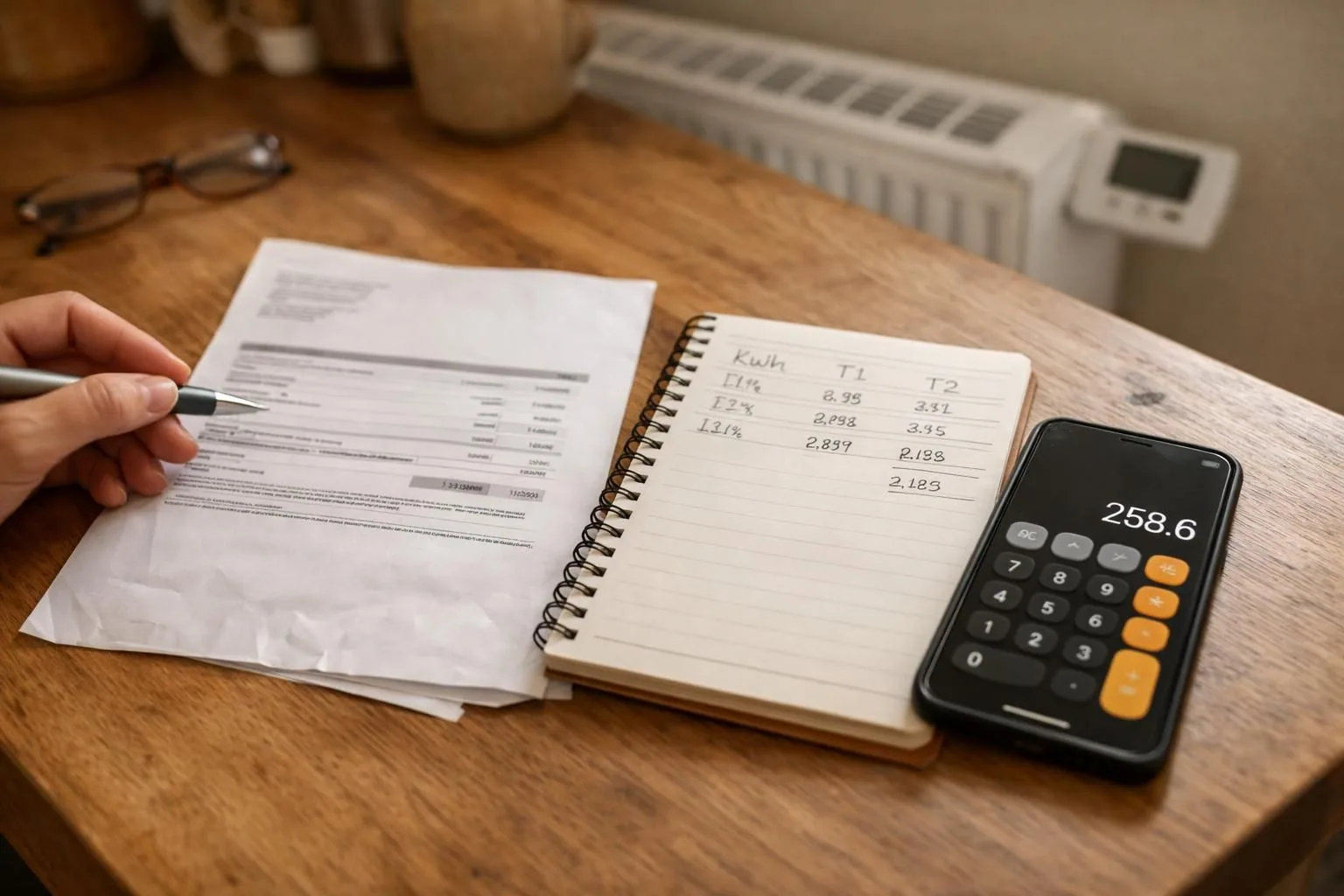 Hand holding pen over bill beside notebook and calculator