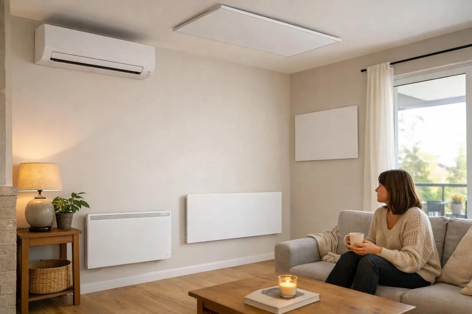Woman on sofa holding mug near wall heaters