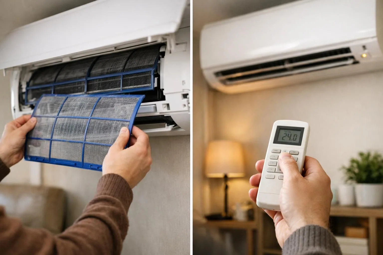 Hands removing air conditioner filter and holding remote control