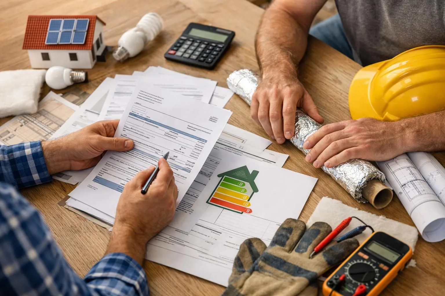 Hands reviewing energy audit documents with insulation and calculator