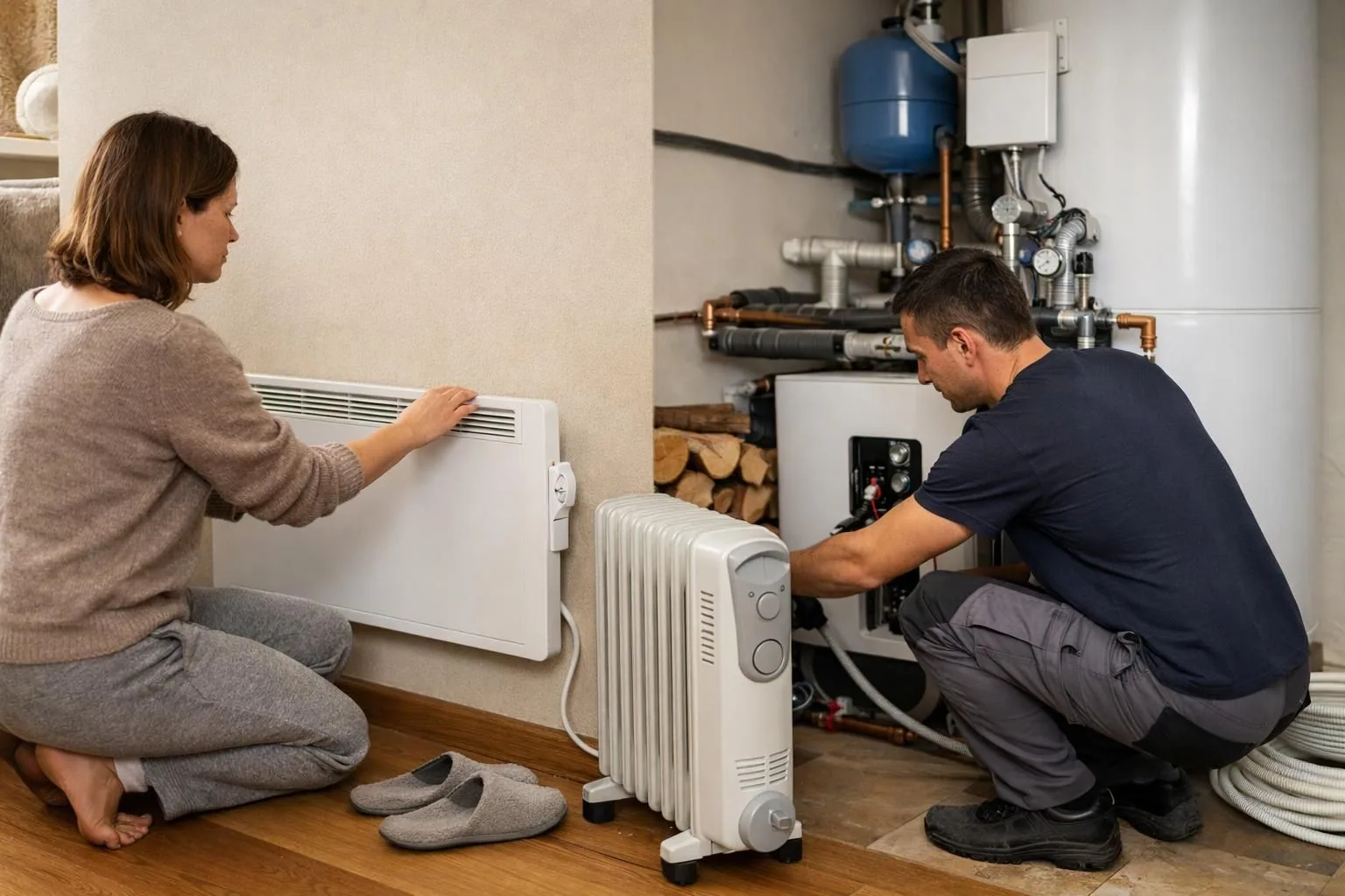 Woman adjusts wall heater as technician repairs boiler
