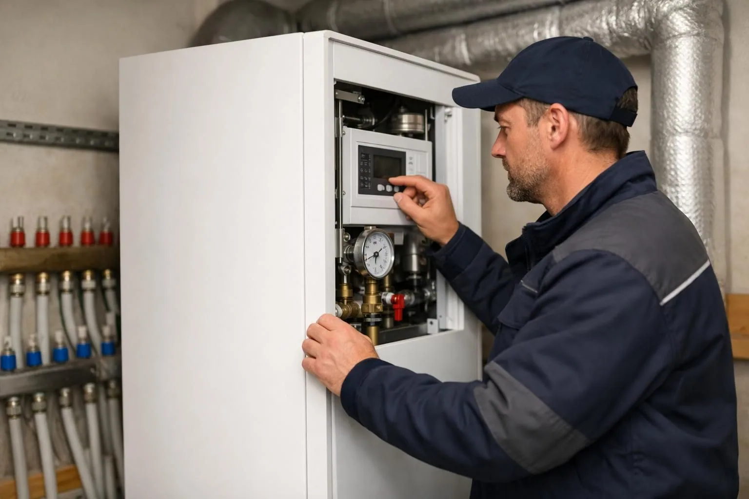 Technician adjusting boiler control panel with pressure gauge