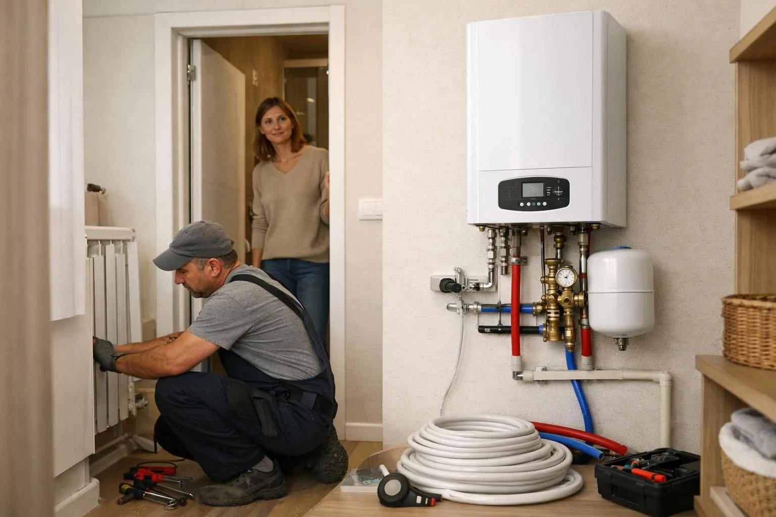 Plumber repairing radiator while woman watches near boiler