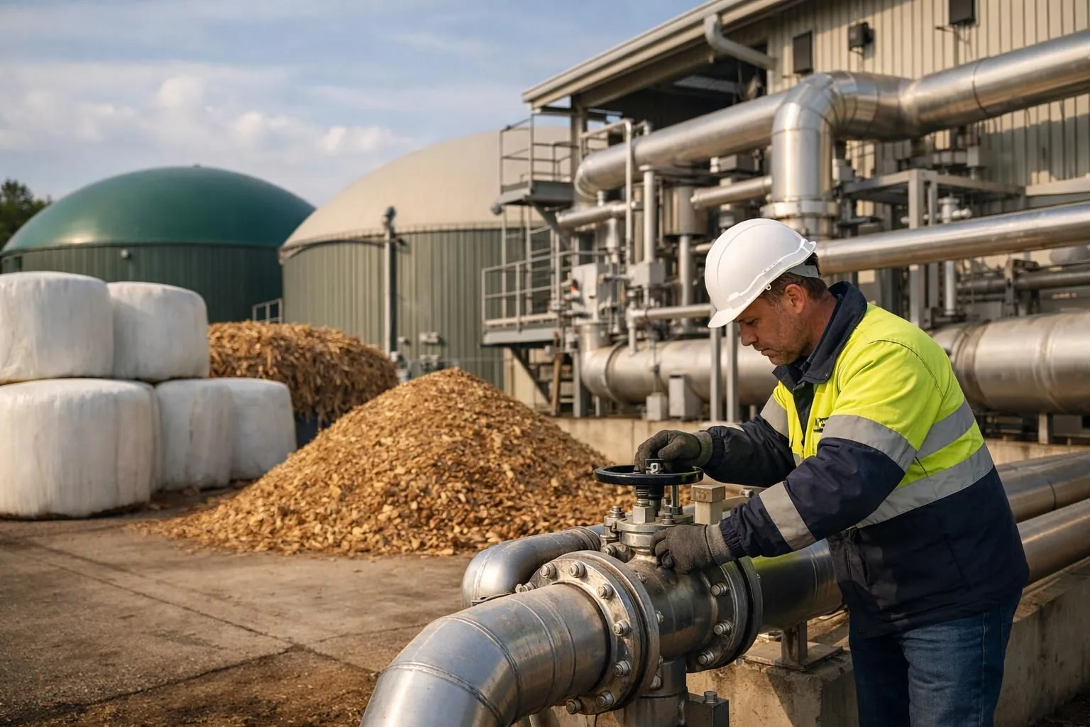 Worker adjusts valve on industrial pipes near biogas tanks