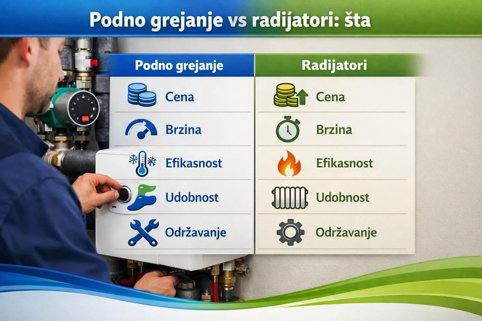 Technician adjusting heating control beside floor heating vs radiators chart
