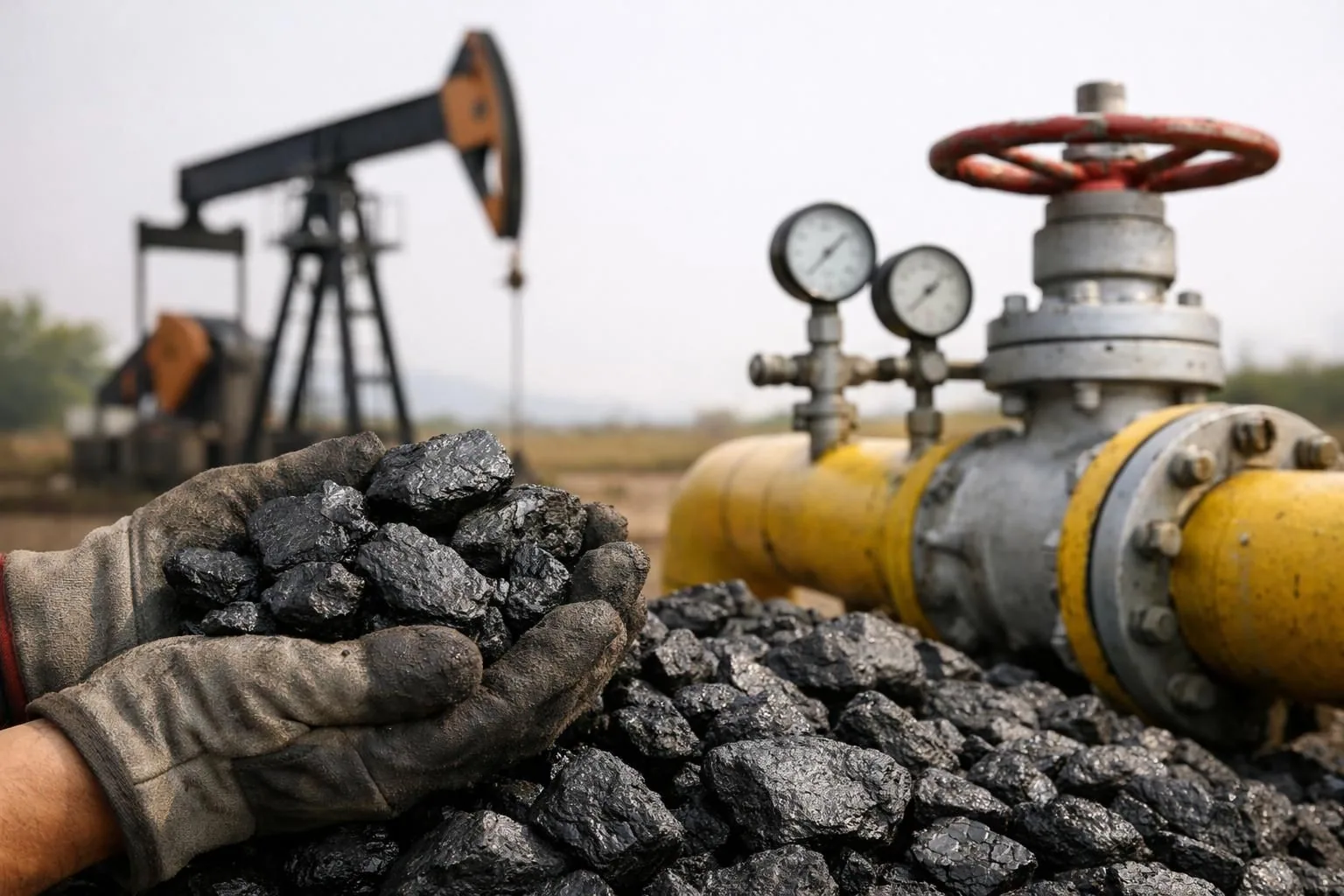Gloved hands holding coal near pipeline valve and gauges