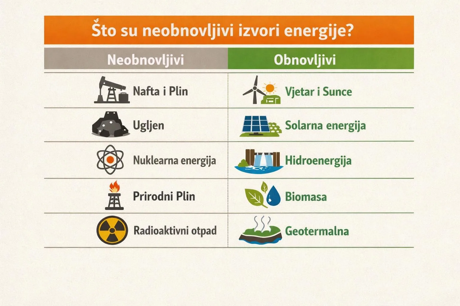 Infographic comparing nonrenewable and renewable energy sources icons