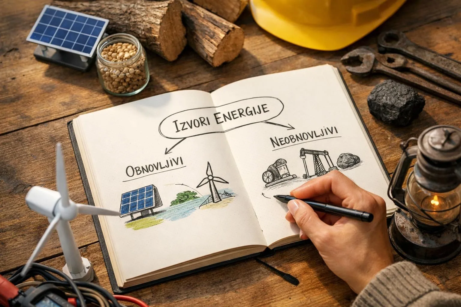Hand drawing renewable and nonrenewable energy sources in notebook