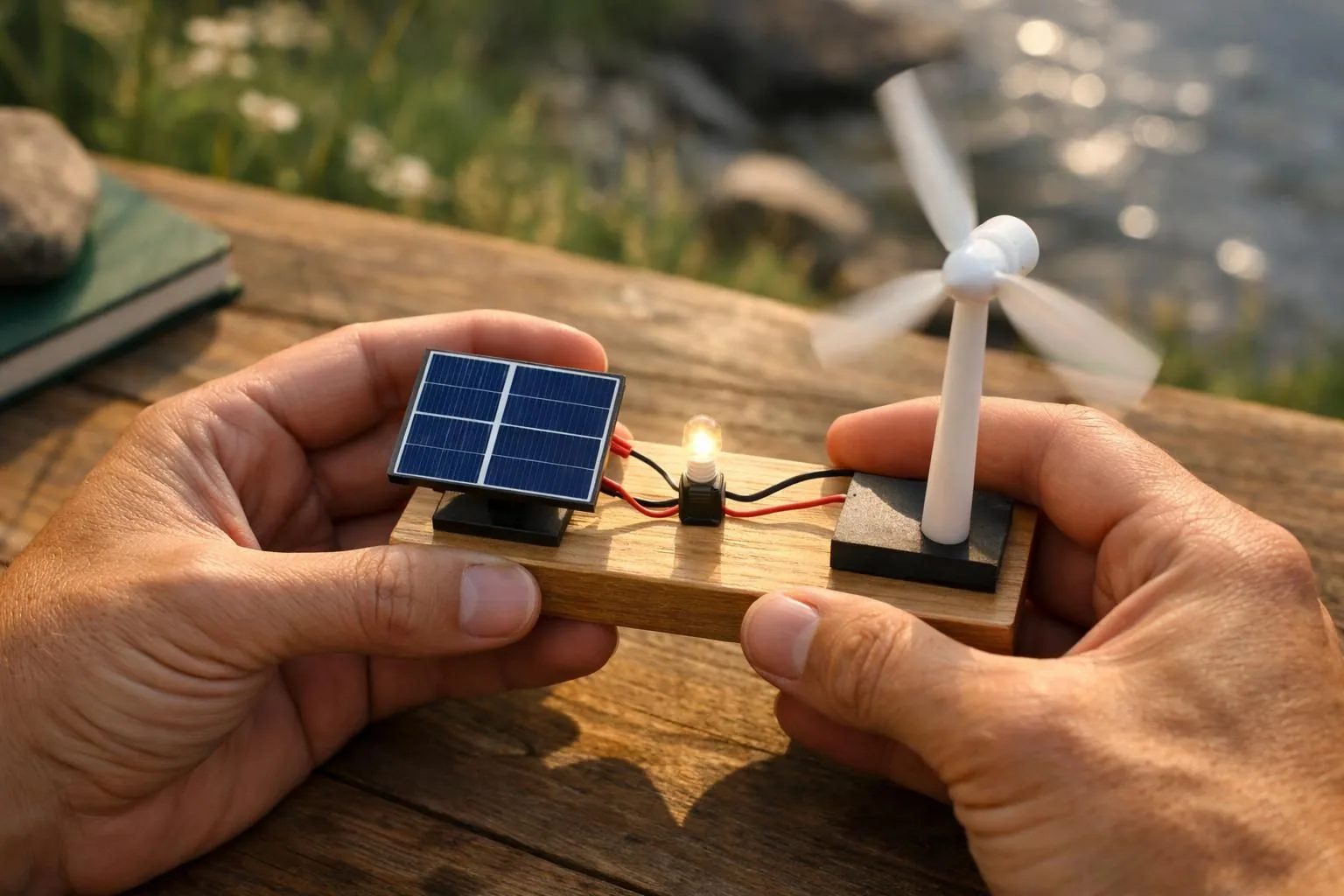 Hands holding solar panel and spinning wind turbine model