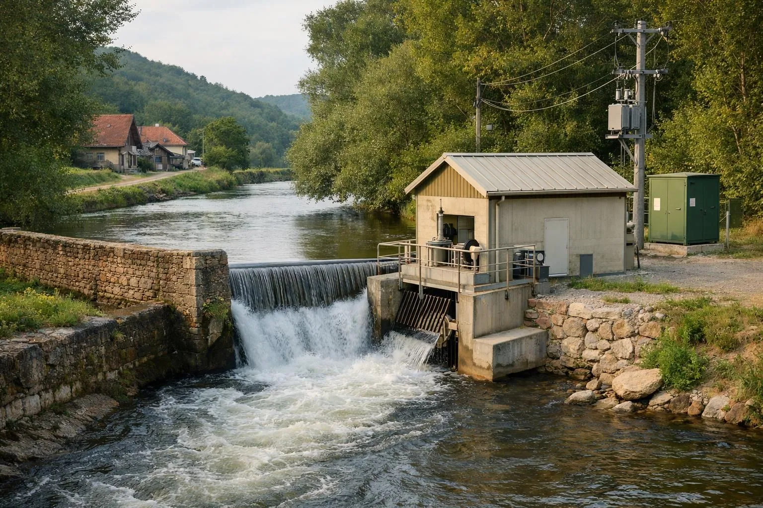 Small hydroelectric station beside river dam and trees