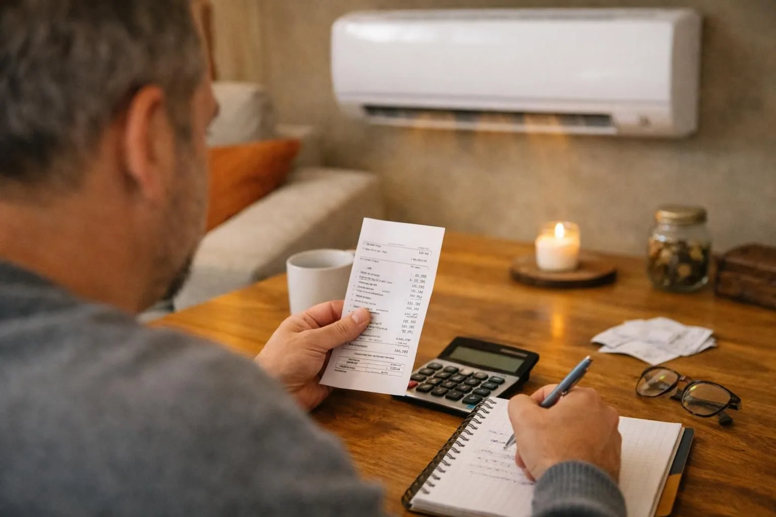 Man reviews receipt, writes notes beside calculator on table