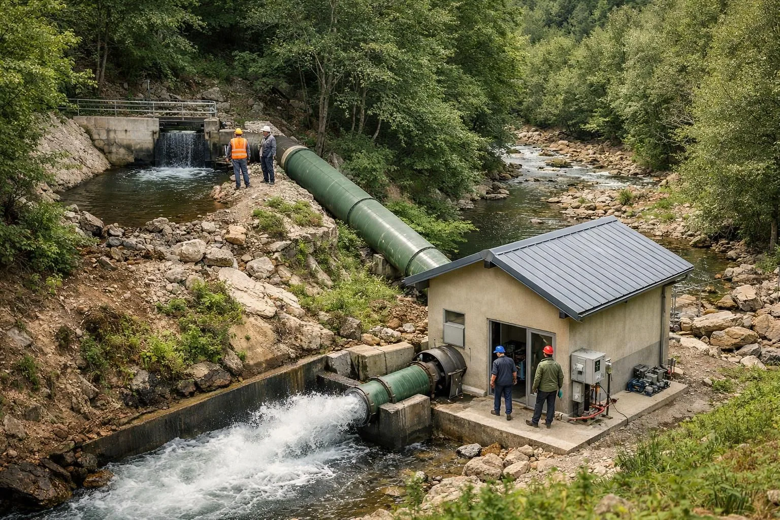 Workers inspect green pipeline at small hydroelectric plant