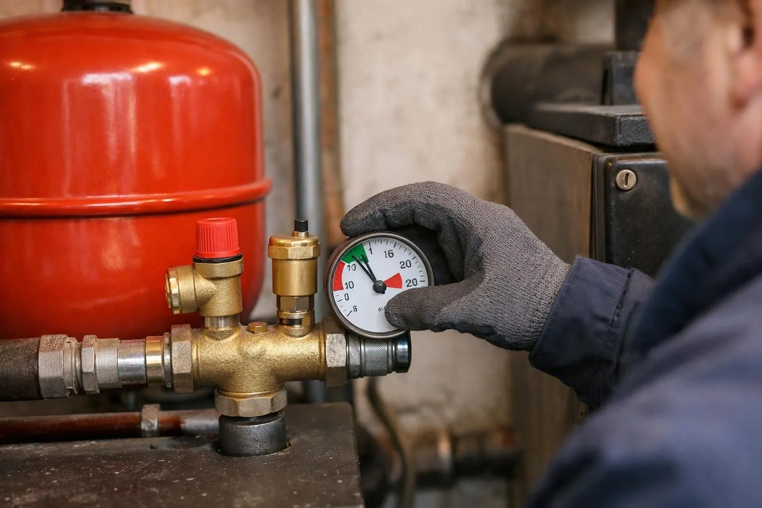 Gloved hand adjusting pressure gauge on boiler valve