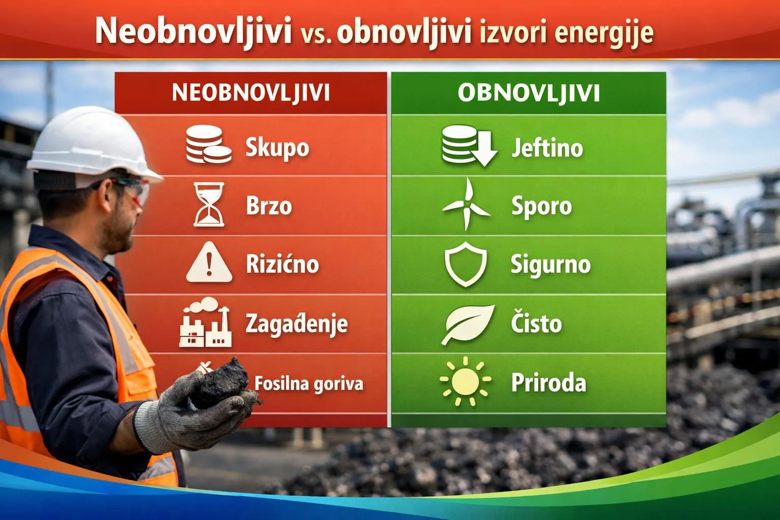Worker holding coal beside renewable versus nonrenewable energy chart