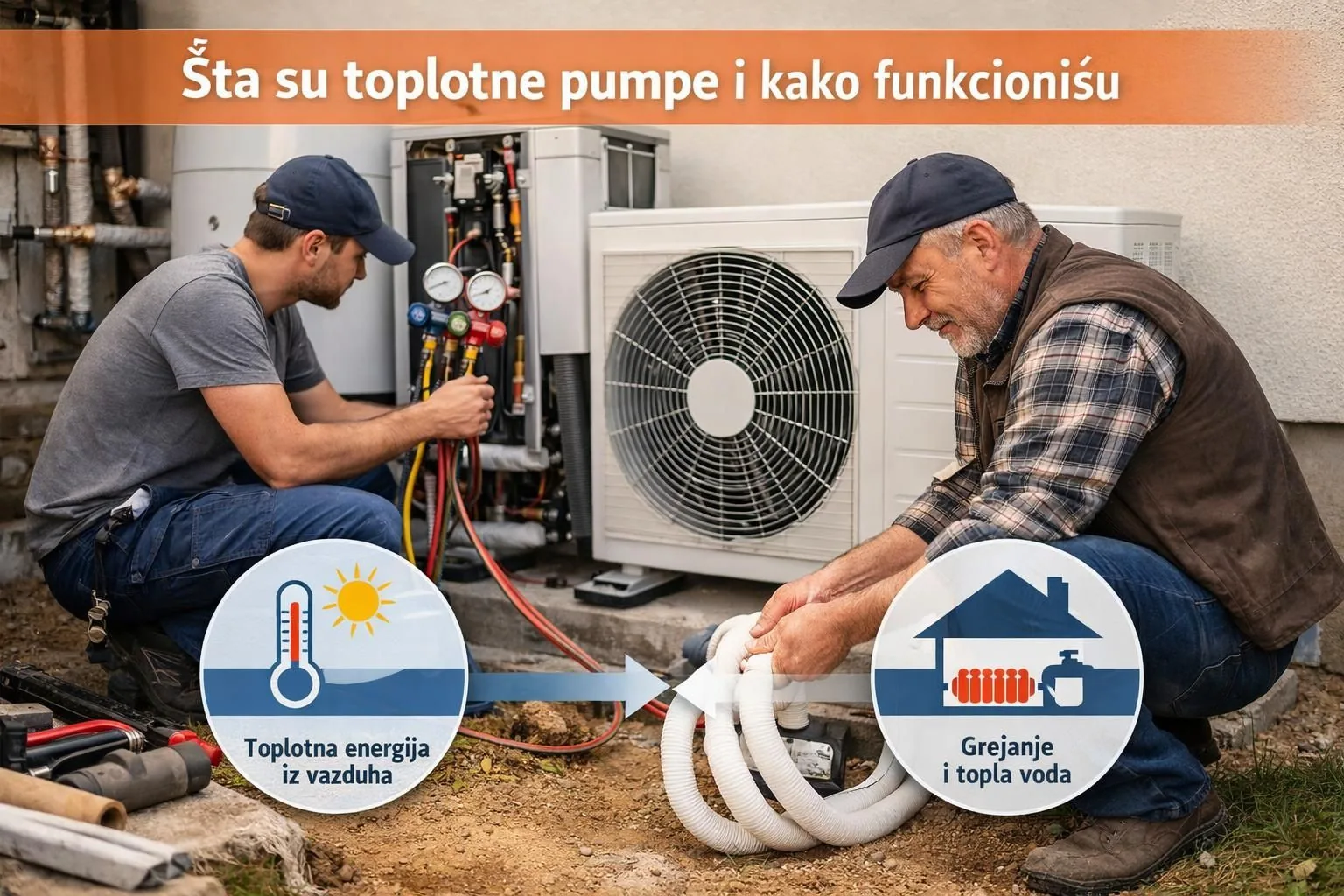 Two technicians installing outdoor heat pump unit with hoses