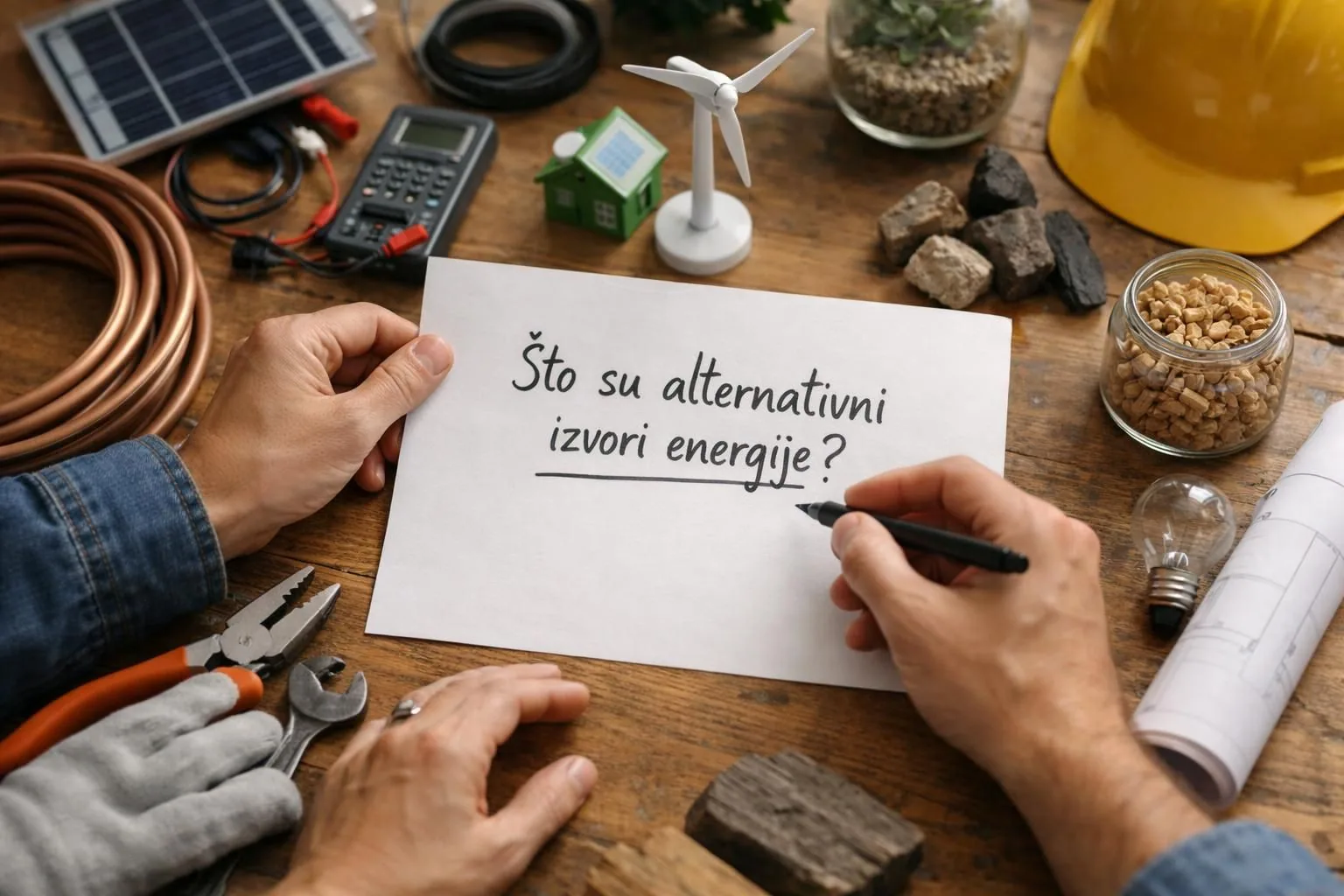 Hands writing note beside solar panel and wind turbine model