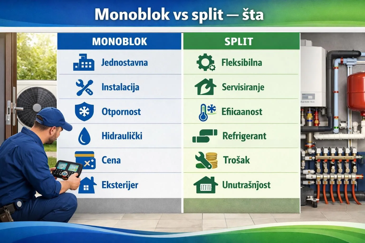 Technician with tablet beside monoblock and split comparison chart