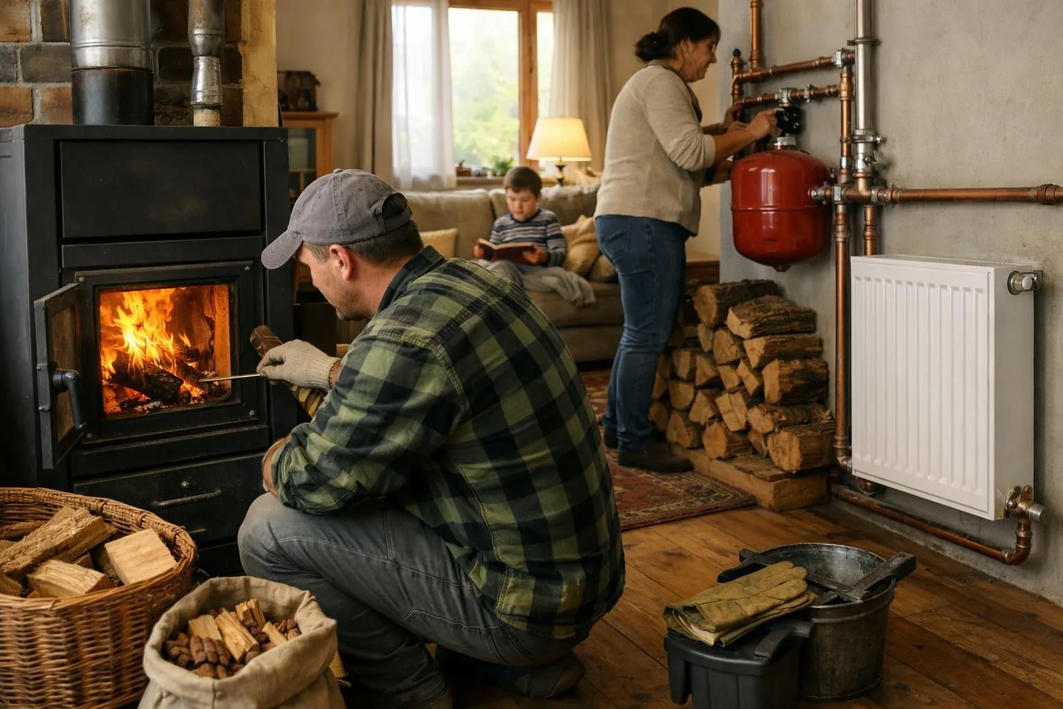 Man stoking wood stove while woman adjusts heating pipes