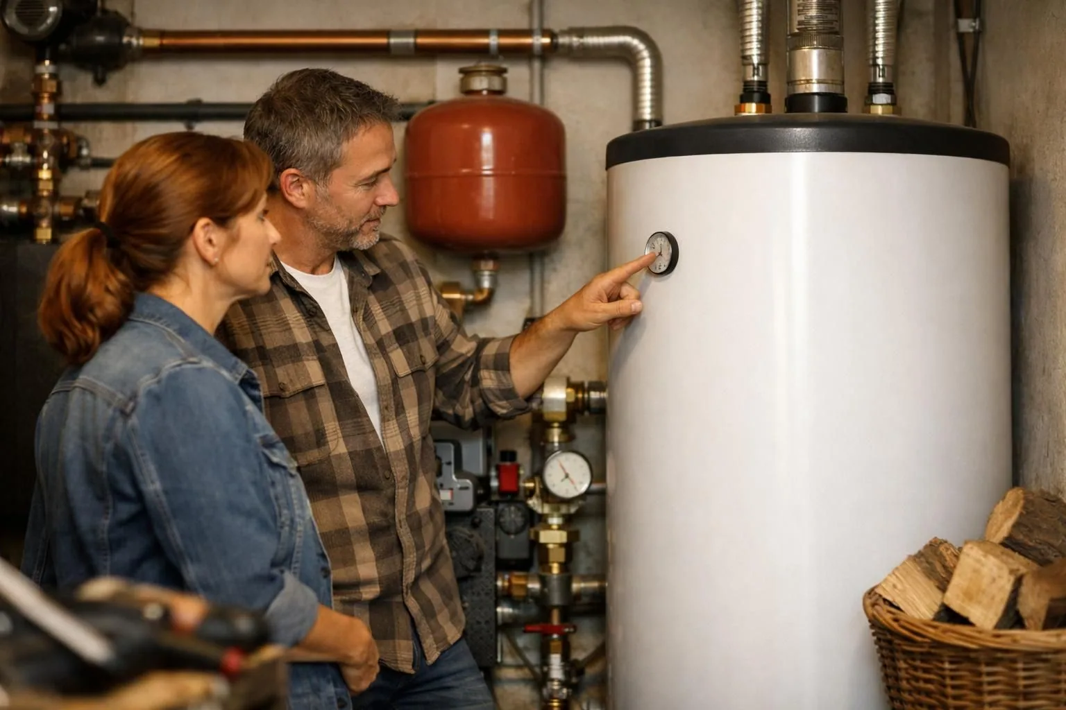 Man points at gauge on large white water heater