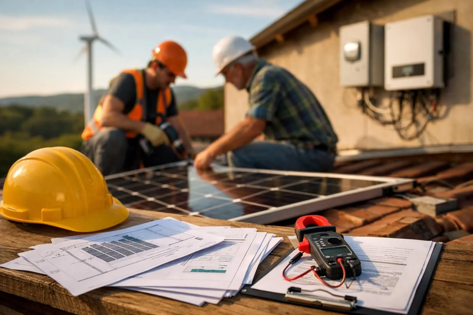 Two workers installing rooftop solar panel beside inverter