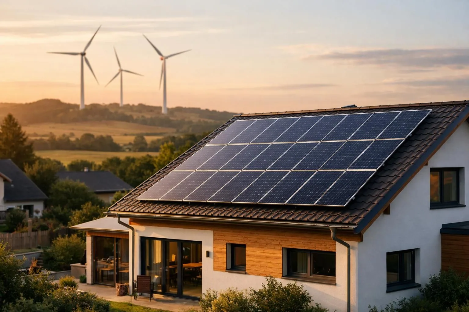 Solarni paneli na krovu kuće, vetroturbine u pozadini