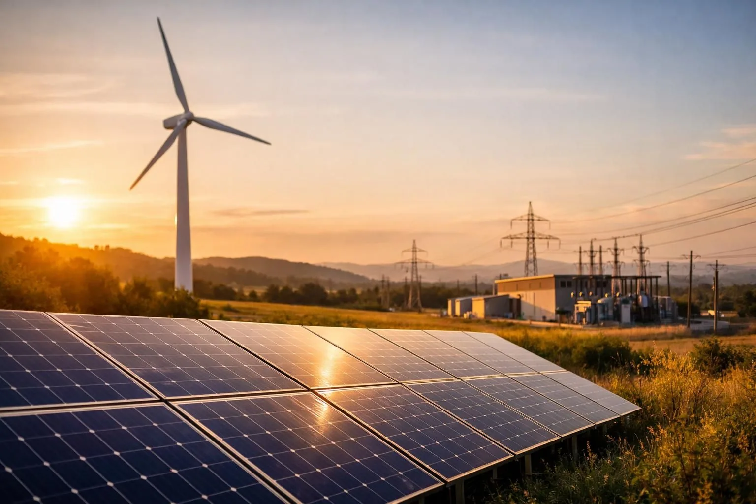 Solarni paneli i vetroturbina pored elektrane u suton