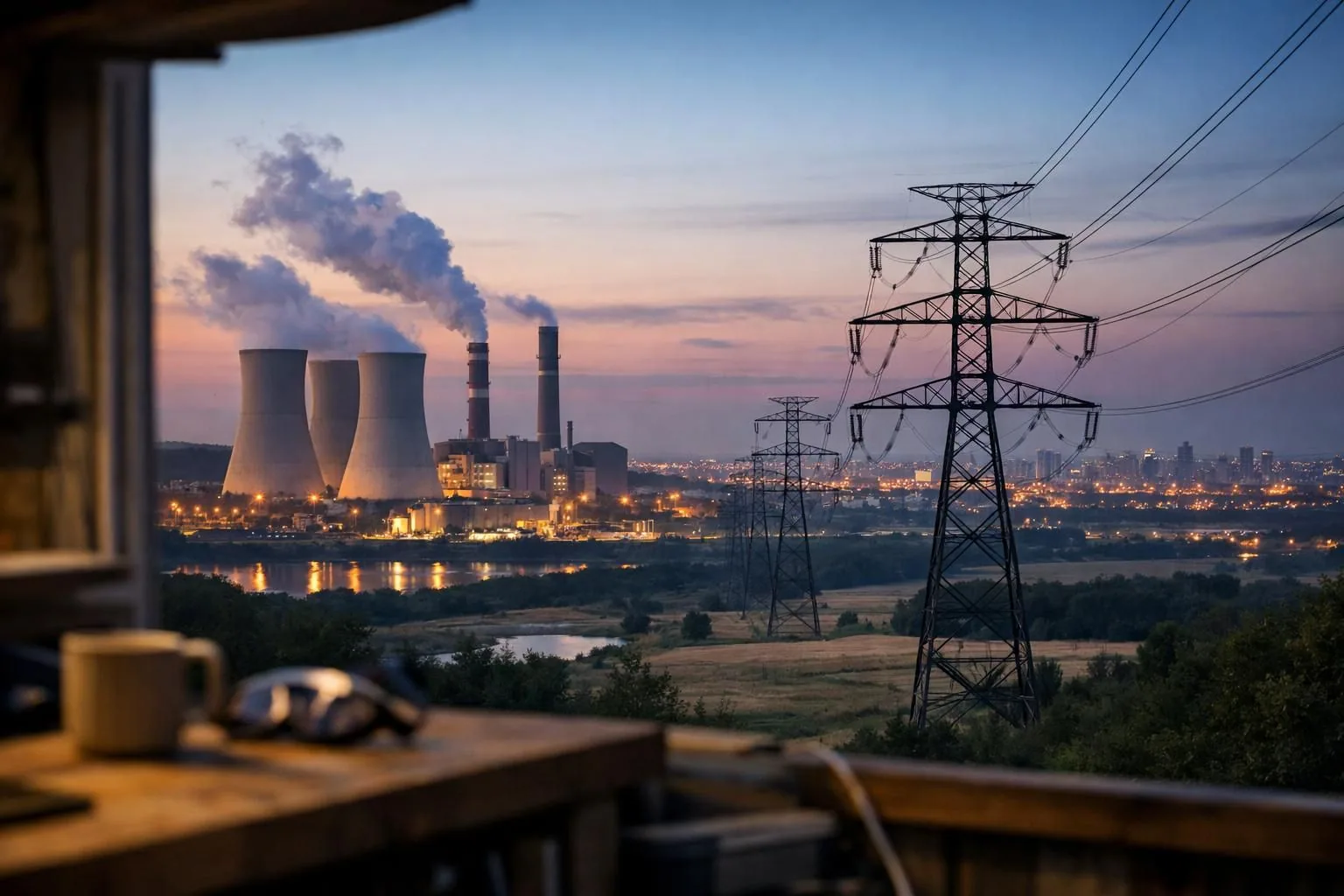 Elektrana sa rashladnim tornjevima i dalekovodi u sumrak