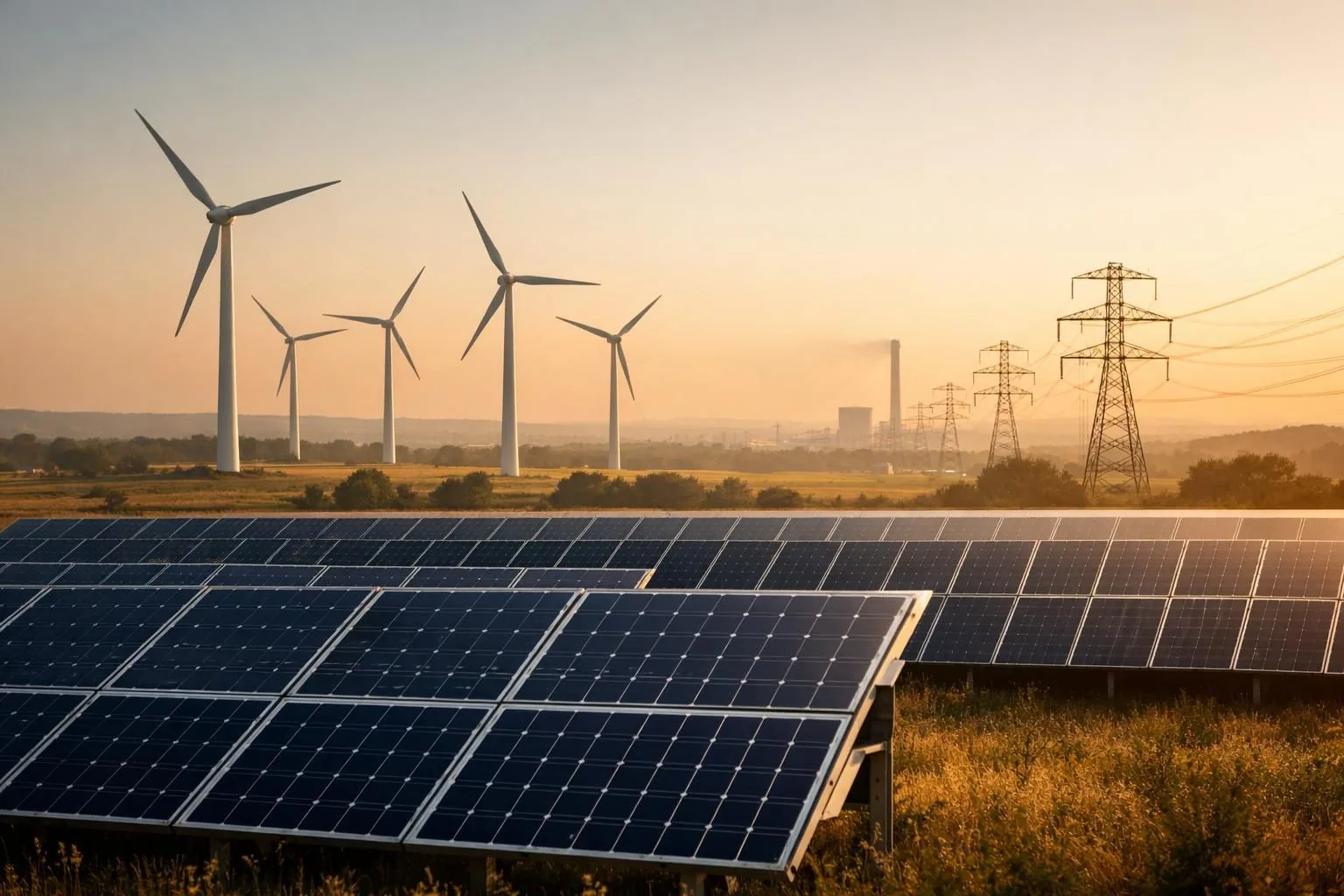 Solarni paneli i vetroturbine pored dalekovoda u polju
