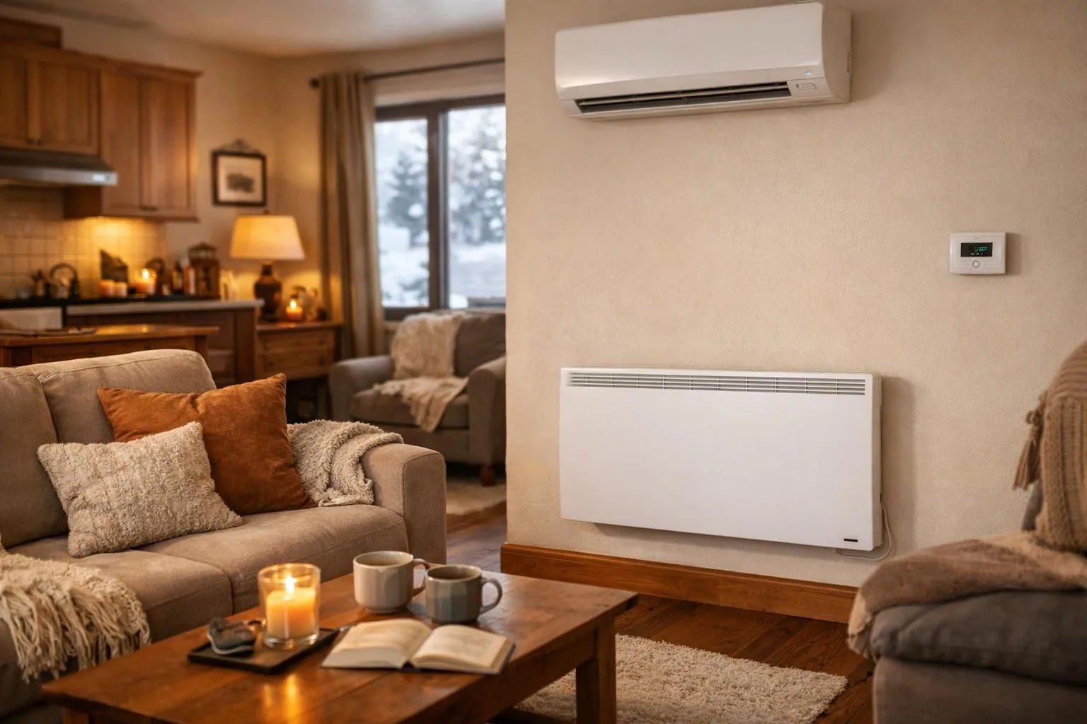 Klima-uređaj i beli električni panel grejač u dnevnoj sobi